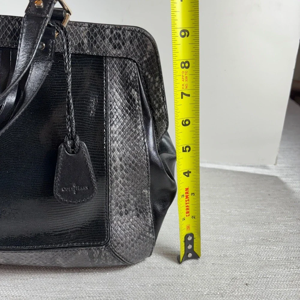 Cole Haan Satchel Shoulder Bag Black Reptile Embossed Leather Designer Handbag‎